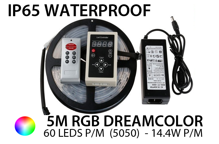 5M RGB Dream 5050 LED strip 30 LEDs p/m - IP65 - complete set 5M RGB Dream 5050 LED strip 30 LEDs p/m - IP65 - complete set